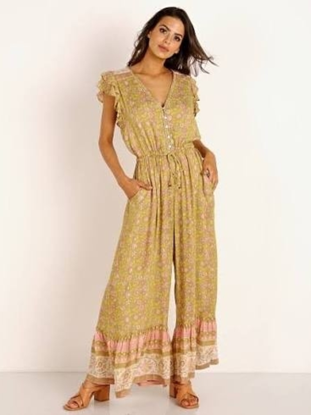Spell Dahlia Floral Wide-Leg Jumpsuit in Bronze